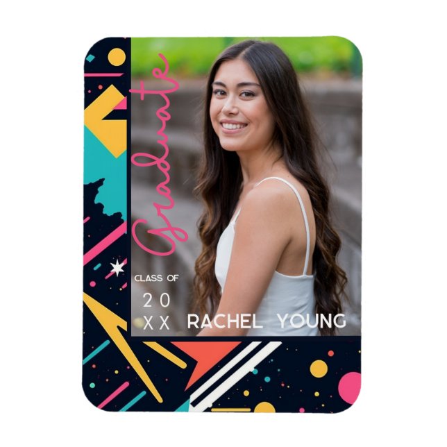 Colourful 80's Retro Navy & Pink Graduation Photo Magnet (Vertical)
