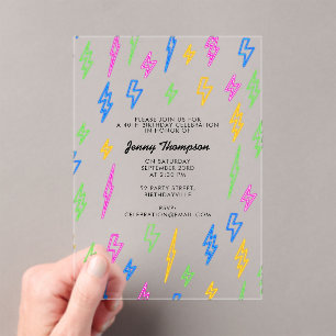 Colourful 80's Retro Neon Lightning Birthday Acrylic Invitations