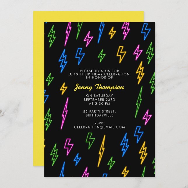 Colourful 80's Retro Neon Lightning Birthday Invitation (Front/Back)