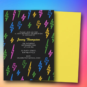 Colourful 80's Retro Neon Lightning Birthday Invitation
