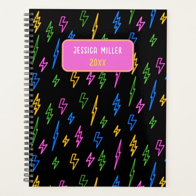 Colourful 80's Retro Neon Lightning Pattern  Planner (Front)
