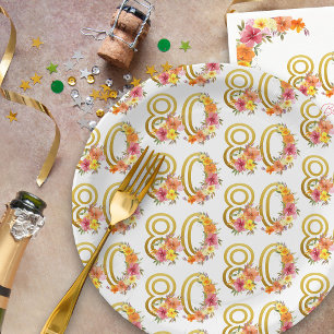 Colourful 80th Birthday Floral Gold Number 80 Part Paper Plate