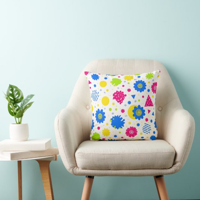 Colourful 90s Retro Memphis Floral Cushion (Chair)