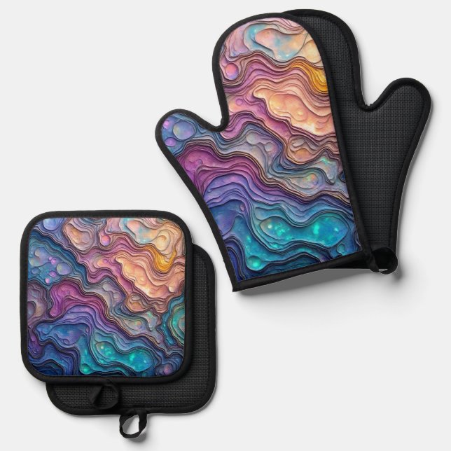 Colourful Abalone Swirls Oven Mitt & Pot Holder Set (Front/Back)