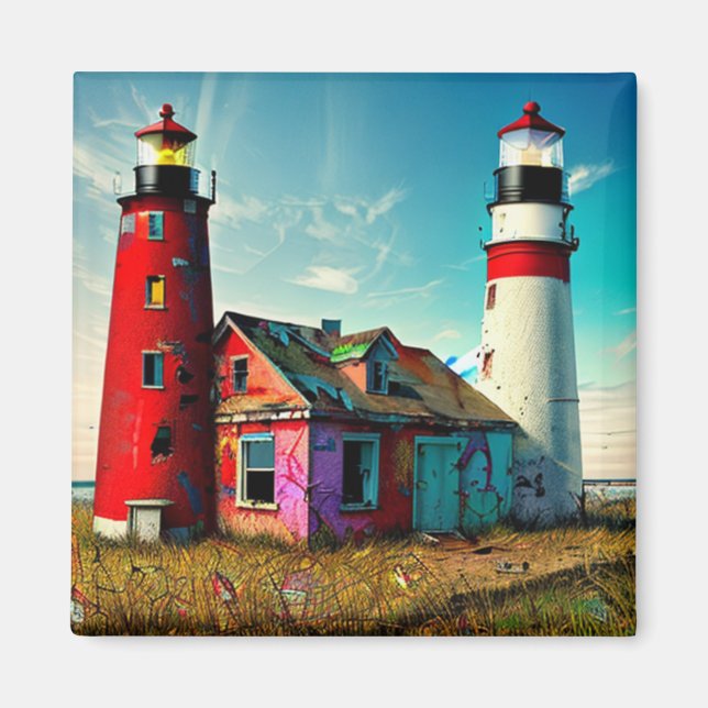 Colourful Abandoned Lighthouses on a Beach Magnet (Front)