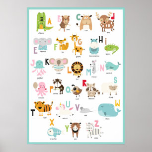 Colourful ABCs   Turquoise Frame Animal Alphabet Poster