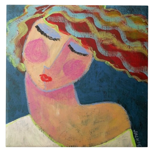 Colourful Abstract Acrylic Portrait of a Woman Ceramic Tile (Front)