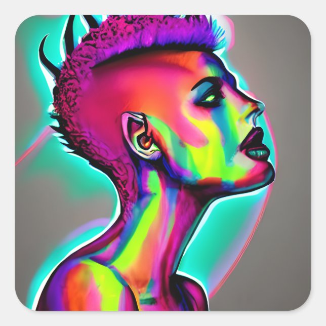 Colourful Abstract AI Art | Woman with Mohawk Square Sticker (Front)