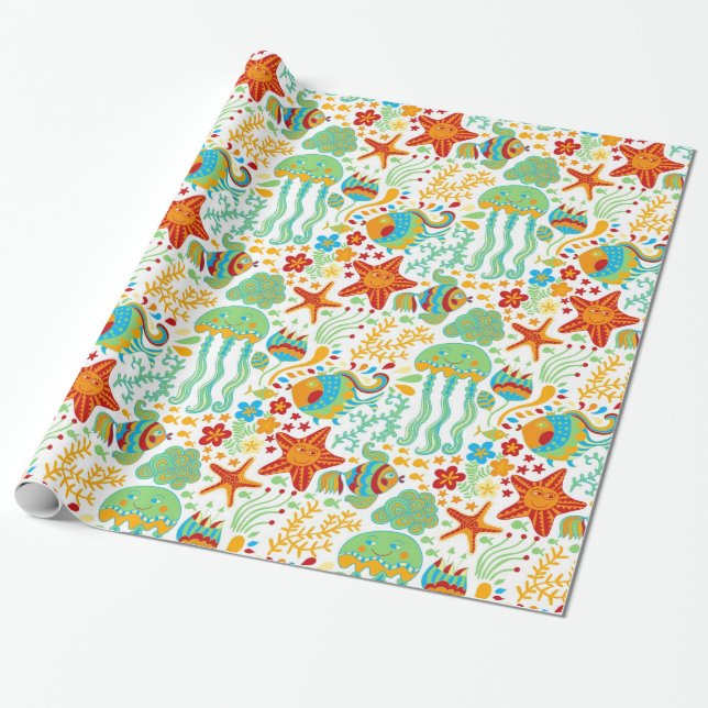 Colourful Abstract Aquatic Life Cartoon Style Wrapping Paper (Unrolled)