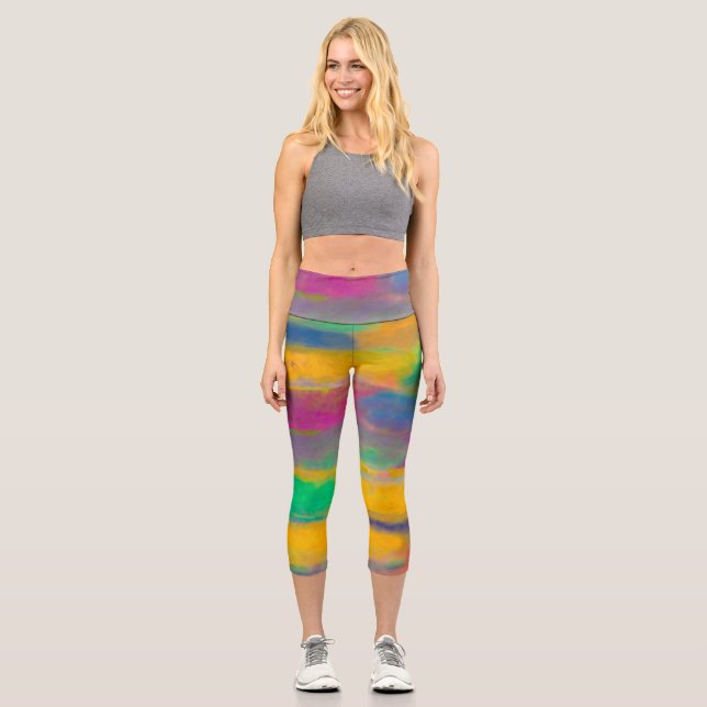 colourful abstract art bold and bright stripes capri leggings (Front)
