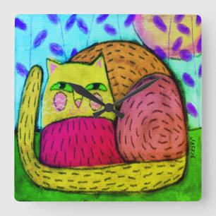 Colourful Abstract Art Cat Square Wall Clock