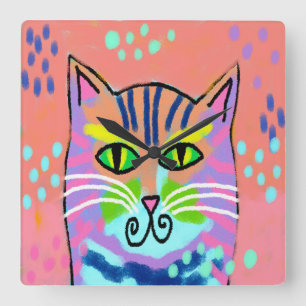 Colourful Abstract Art Cat Wall Clock