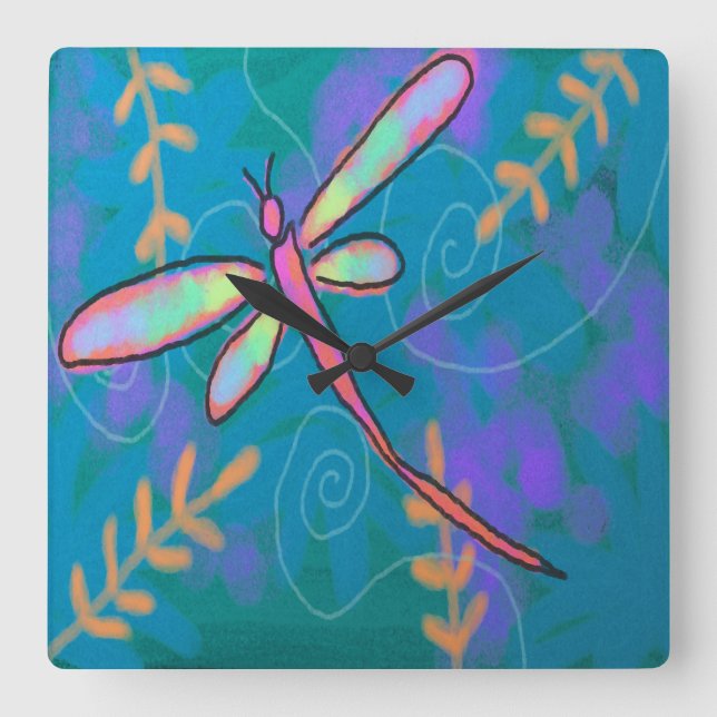 Colourful Abstract Art Dragonfly Square Wall Clock (Front)