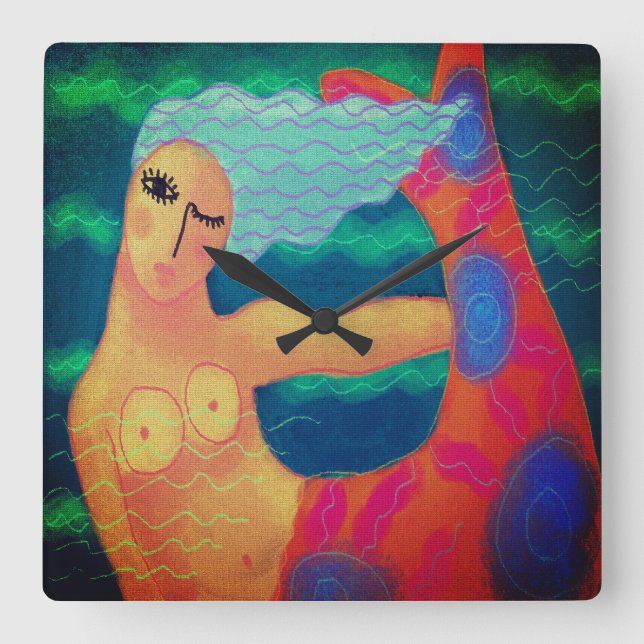 Colourful Abstract Art Mermaid Square Wall Clock (Front)