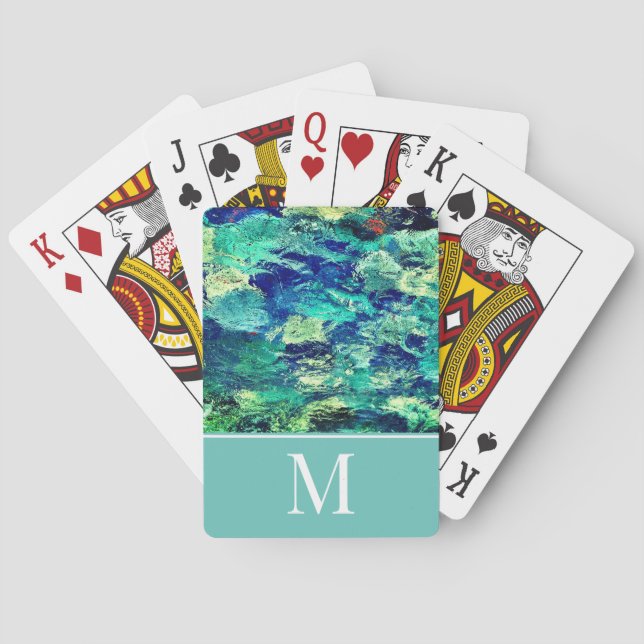 Colourful Abstract Art Photo Light Teal Monogram Playing Cards (Back)