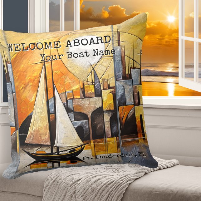 Colourful Abstract Art Sailboat Nautical Cushion (Colorful artistic pillow with a nautical theme, showing an abstract fine art painting of a sailboat)