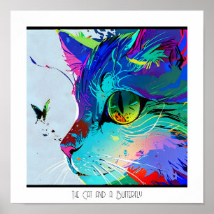 Colourful abstract artistic cat and butterfly poster
