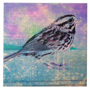Colourful Abstract Bird Art: Vibrant Songbird Ceramic Tile
