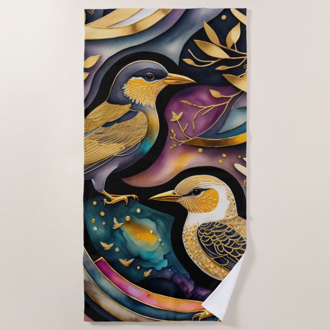 Colourful Abstract Birds Painting Beach Towel (Front)