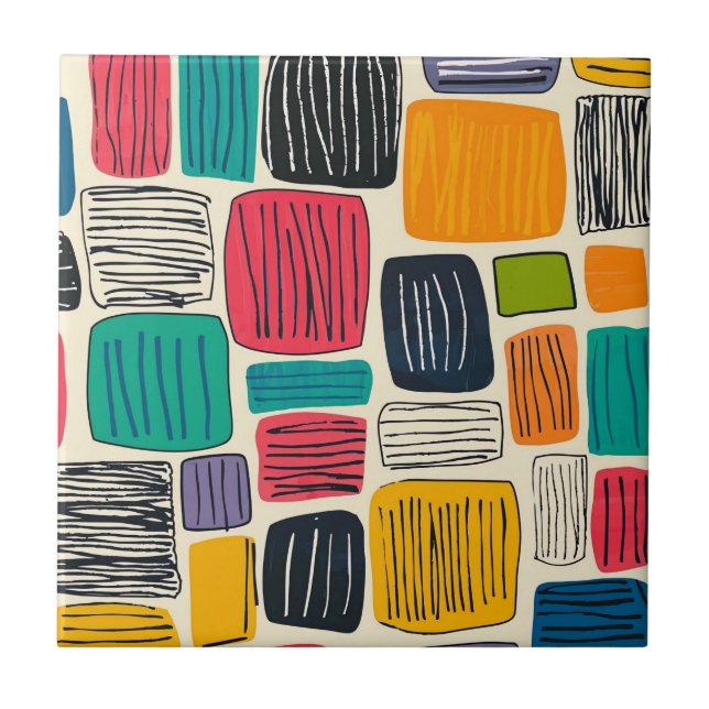 Colourful Abstract Blocks - Teal and Mustard Lines Ceramic Tile (Front)