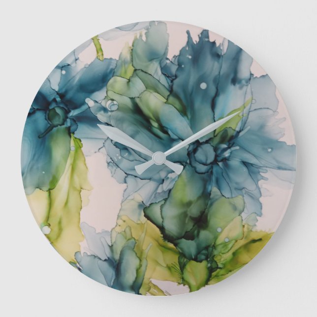 Colourful Abstract Blue and Green Floral Art Large Clock (Front)