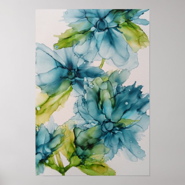Colourful Abstract Blue and Green Floral Art  Poster (Front)