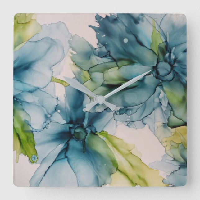 Colourful Abstract Blue and Green Floral Art  Square Wall Clock (Front)