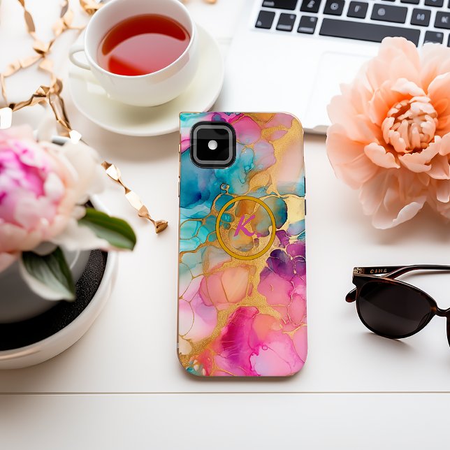 Colourful Abstract Blue and Pink Ink Spill  Case-Mate iPhone Case (Chic Pink and Blue Watercolor Abstract iPhone 15 Case)