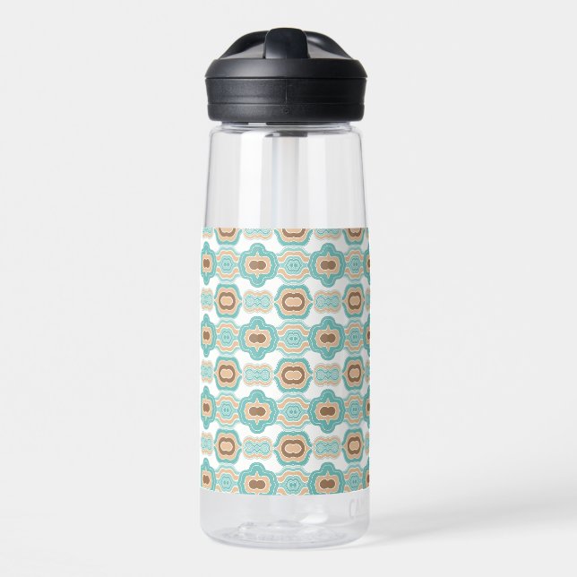 Colourful abstract blue/brown/tan medallion water bottle (Front)