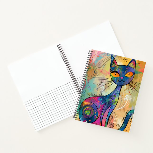 Colourful Abstract Blue Cat Lined Sketchbook Notebook (Inside)