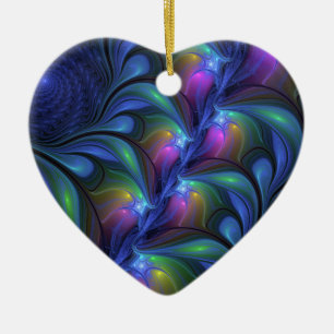 Colourful Abstract Blue Pink Green Fractal Heart Ceramic Ornament