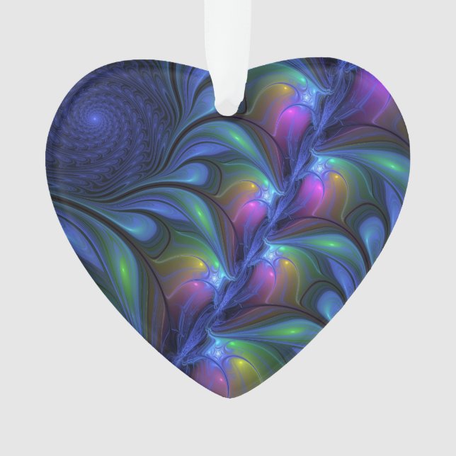 Colourful Abstract Blue Pink Green Fractal Heart Ornament (Front)