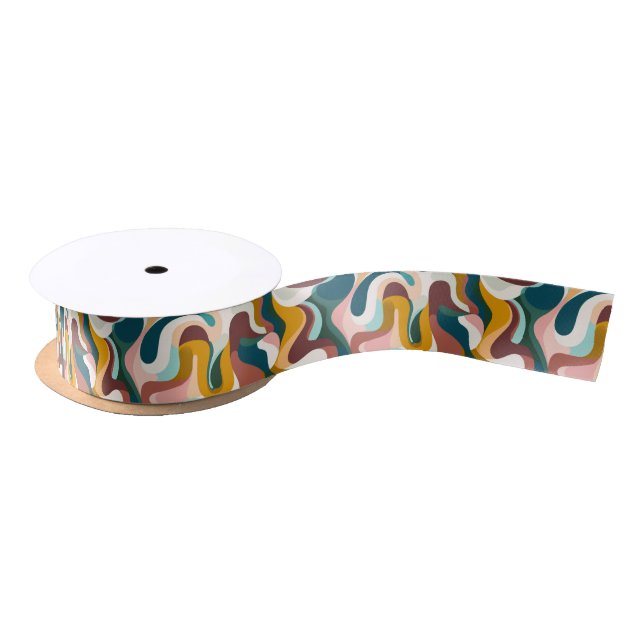 Colourful abstract boho swirly shapes pattern satin ribbon (Spool)