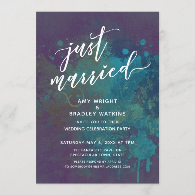 Colourful Abstract Bold Just Married Handwriting Invitation (Front)