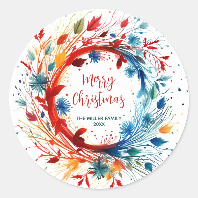 Colourful Abstract Botanical Christmas Wreath Classic Round Sticker (Front)