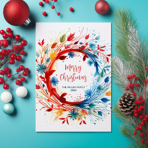 Colourful Abstract Botanical Christmas Wreath  Holiday Card