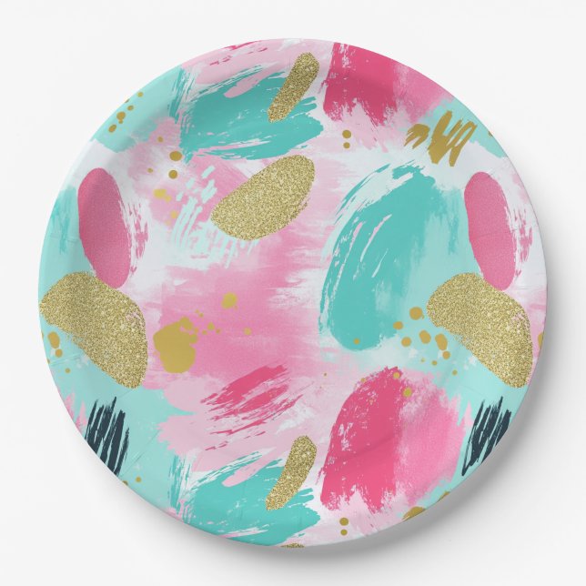 Colourful Abstract Brushstrokes - Mint & Pink (1) Paper Plate (Front)
