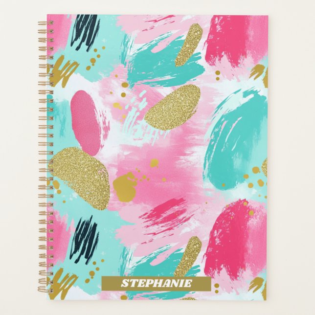Colourful Abstract Brushstrokes - Mint & Pink (1) Planner (Front)