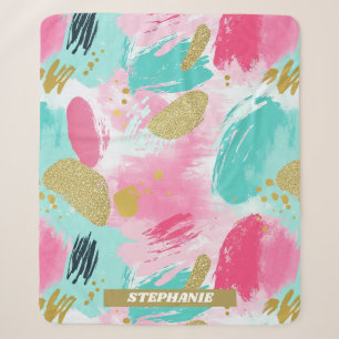 Colourful Abstract Brushstrokes - Mint & Pink (1) Sherpa Blanket