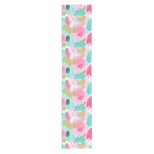 Colourful Abstract Brushstrokes - Mint & Pink (1) Short Table Runner (Front)