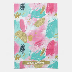 Colourful Abstract Brushstrokes - Mint & Pink (1) Tea Towel