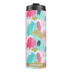 Colourful Abstract Brushstrokes - Mint & Pink (1) Thermal Tumbler