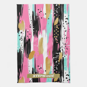 Colourful Abstract Brushstrokes - Mint & Pink (2) Tea Towel
