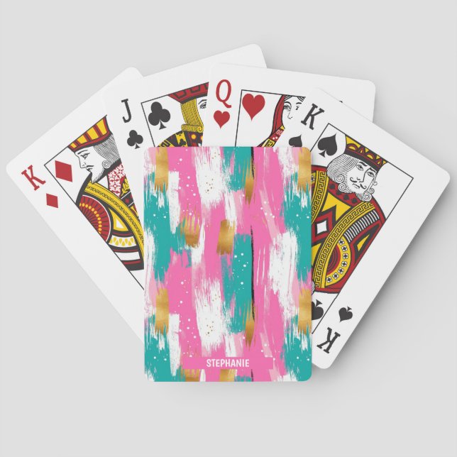 Colourful Abstract Brushstrokes - Mint & Pink (3) Playing Cards (Back)