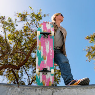Colourful Abstract Brushstrokes - Mint & Pink (3) Skateboard