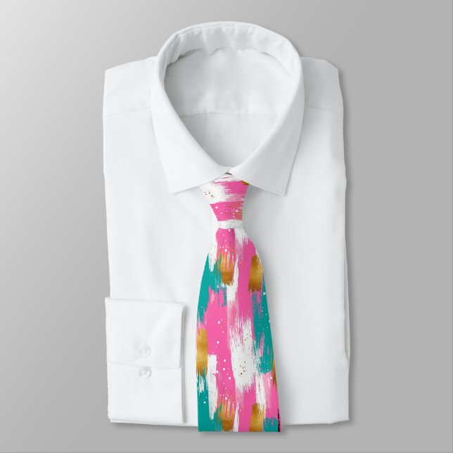 Colourful Abstract Brushstrokes - Mint & Pink (3) Tie (Tied)