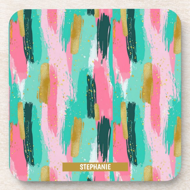 Colourful Abstract Brushstrokes - Mint & Pink (4) Coaster (Front)