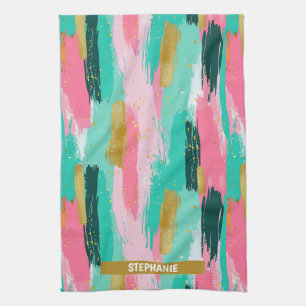 Colourful Abstract Brushstrokes - Mint & Pink (4) Tea Towel