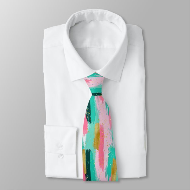 Colourful Abstract Brushstrokes - Mint & Pink (4) Tie (Tied)
