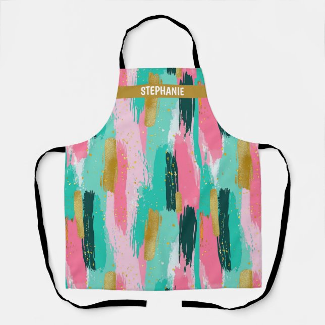Colourful Abstract Brushstrokes - Mint & Pink Apron (Front)